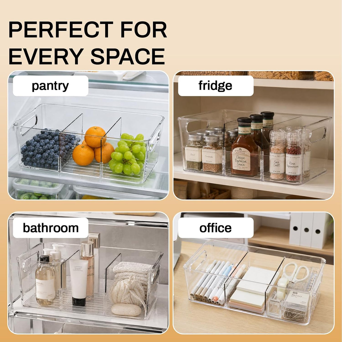 Pantry Organizers and Storage, Clear Fridge Organizer Bins | Clear stackable plastic bins with removable dividers for packets, snacks, pouches and spices in pantry, fridge or freezer.