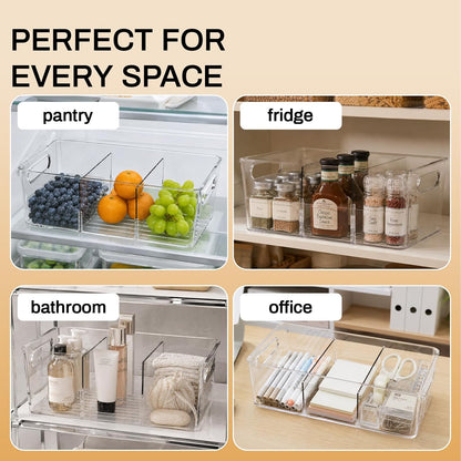 Pantry Organizers and Storage, Clear Fridge Organizer Bins | Clear stackable plastic bins with removable dividers for packets, snacks, pouches and spices in pantry, fridge or freezer.