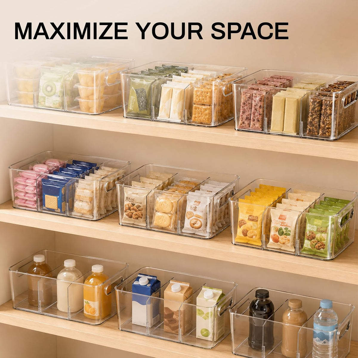 Pantry Organizers and Storage, Clear Fridge Organizer Bins | Clear stackable plastic bins with removable dividers for packets, snacks, pouches and spices in pantry, fridge or freezer.