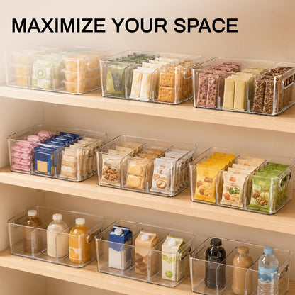 Pantry Organizers and Storage, Clear Fridge Organizer Bins | Clear stackable plastic bins with removable dividers for packets, snacks, pouches and spices in pantry, fridge or freezer.