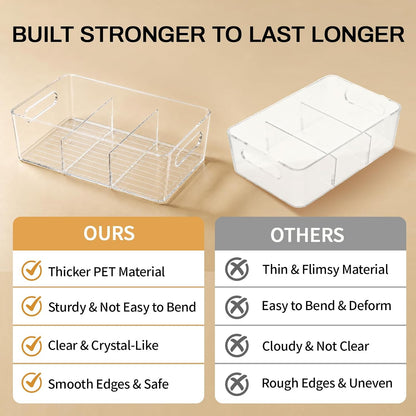 Pantry Organizers and Storage, Clear Fridge Organizer Bins | Clear stackable plastic bins with removable dividers for packets, snacks, pouches and spices in pantry, fridge or freezer.