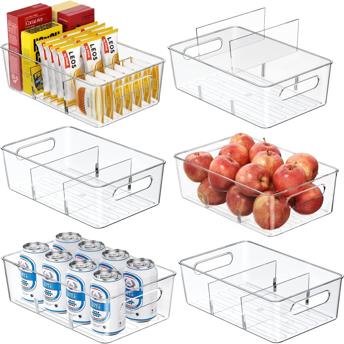 Pantry Organizers and Storage, Clear Fridge Organizer Bins | Clear stackable plastic bins with removable dividers for packets, snacks, pouches and spices in pantry, fridge or freezer.