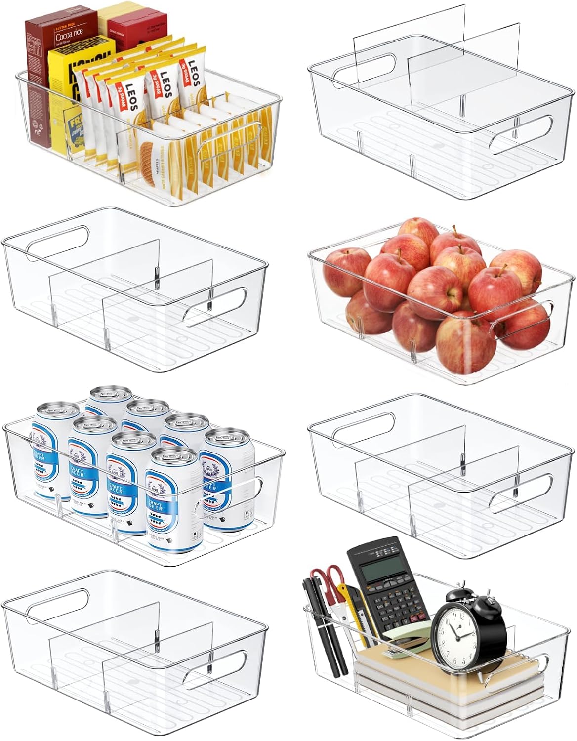 Pantry Organizers and Storage, Clear Fridge Organizer Bins | Clear stackable plastic bins with removable dividers for packets, snacks, pouches and spices in pantry, fridge or freezer.