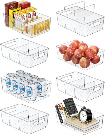 Pantry Organizers and Storage, Clear Fridge Organizer Bins | Clear stackable plastic bins with removable dividers for packets, snacks, pouches and spices in pantry, fridge or freezer.