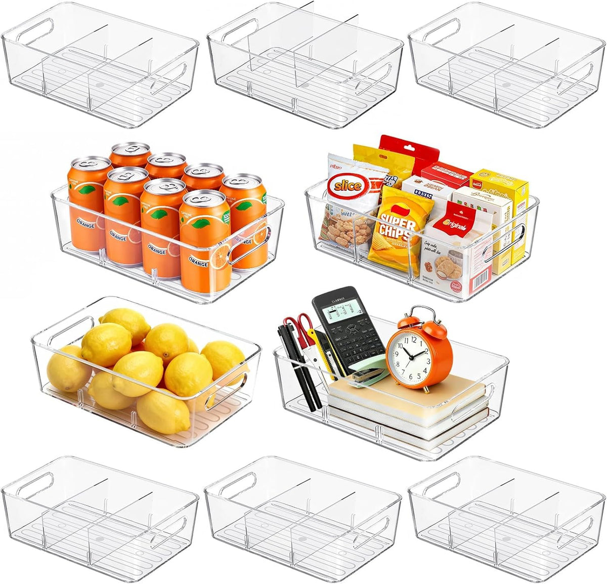 Pantry Organizers and Storage, Clear Fridge Organizer Bins | Clear stackable plastic bins with removable dividers for packets, snacks, pouches and spices in pantry, fridge or freezer.