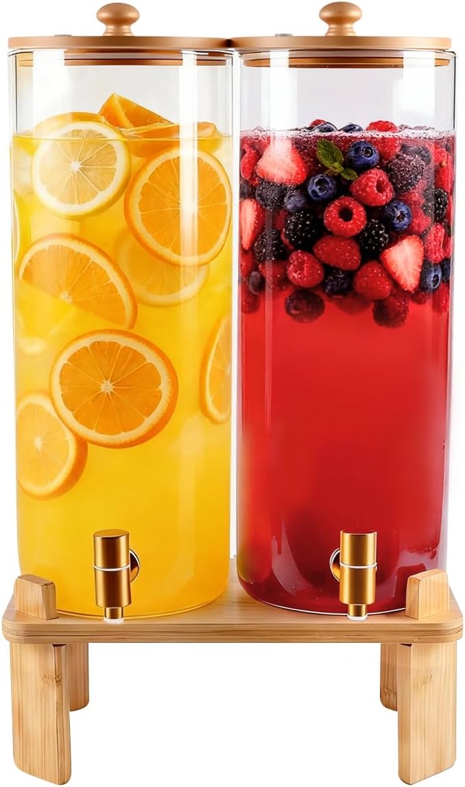 2 Gallon 2 Pack large Glass Drink dispenser for parties,Beverage Dispenser With Wood Stand,Water Dispensers with spigot,lemonade dispenser,juice containers & water pitcher with lid