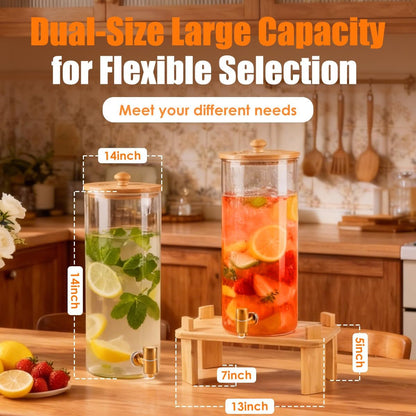 2 Gallon 2 Pack large Glass Drink dispenser for parties,Beverage Dispenser With Wood Stand,Water Dispensers with spigot,lemonade dispenser,juice containers & water pitcher with lid