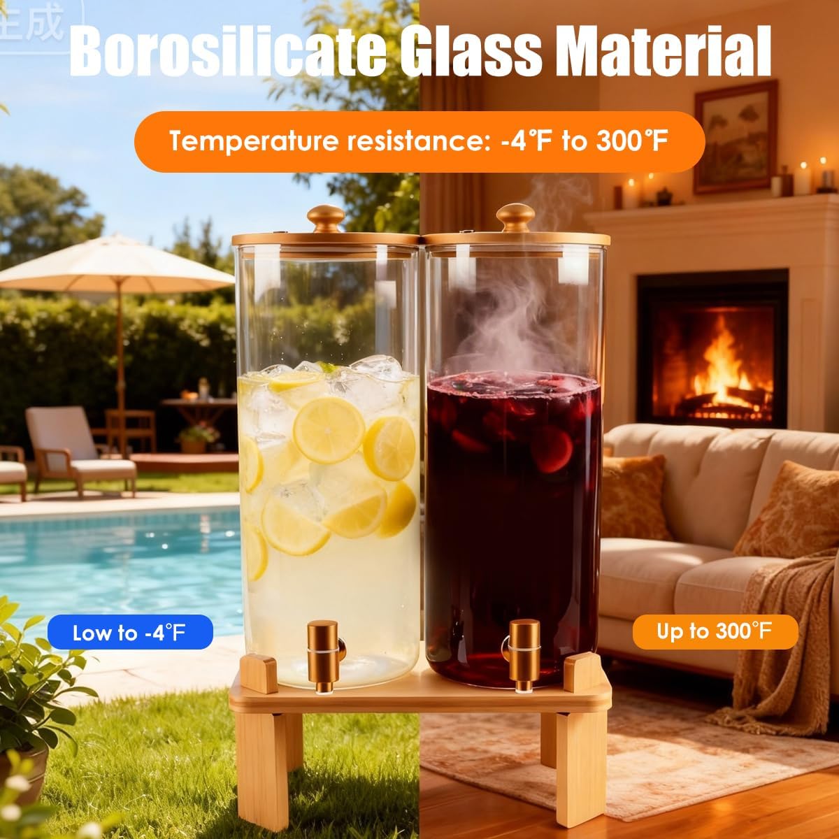 2 Gallon 2 Pack large Glass Drink dispenser for parties,Beverage Dispenser With Wood Stand,Water Dispensers with spigot,lemonade dispenser,juice containers & water pitcher with lid