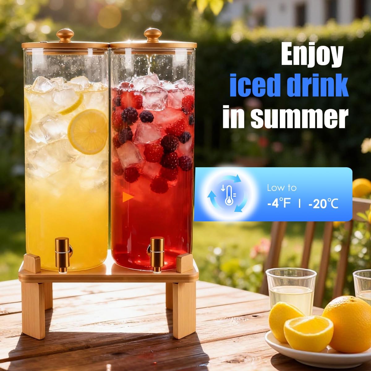 2 Gallon 2 Pack large Glass Drink dispenser for parties,Beverage Dispenser With Wood Stand,Water Dispensers with spigot,lemonade dispenser,juice containers & water pitcher with lid