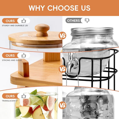 2 Gallon 2 Pack large Glass Drink dispenser for parties,Beverage Dispenser With Wood Stand,Water Dispensers with spigot,lemonade dispenser,juice containers & water pitcher with lid