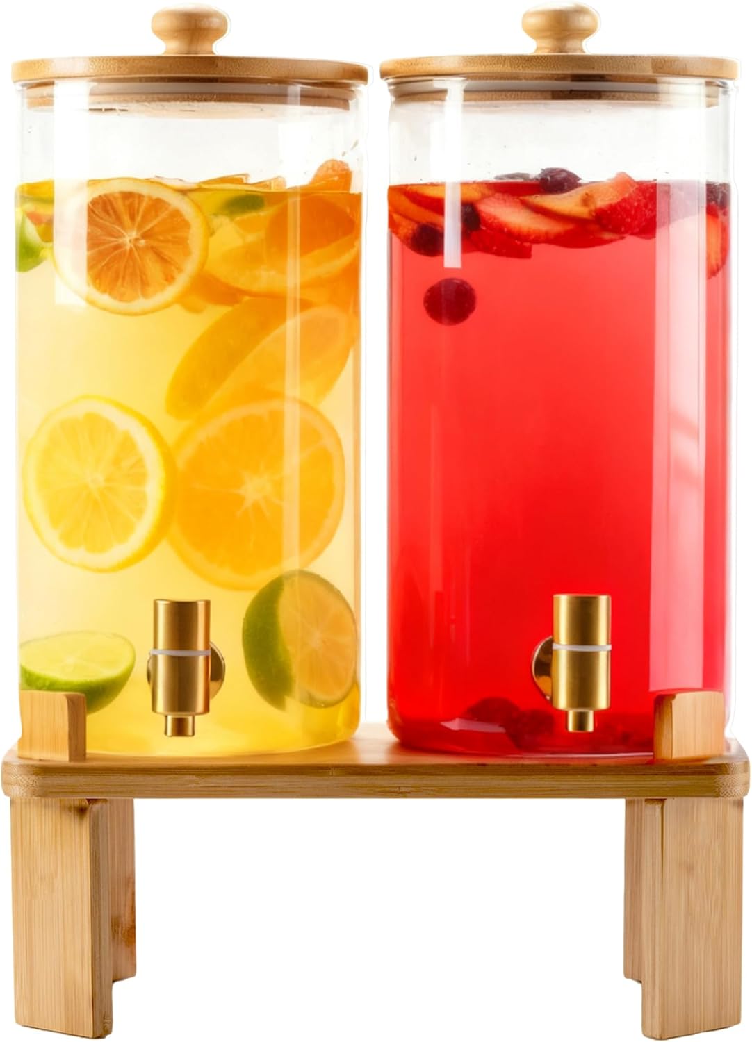 2 Gallon 2 Pack large Glass Drink dispenser for parties,Beverage Dispenser With Wood Stand,Water Dispensers with spigot,lemonade dispenser,juice containers & water pitcher with lid