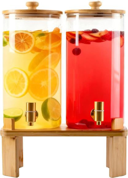 2 Gallon 2 Pack large Glass Drink dispenser for parties,Beverage Dispenser With Wood Stand,Water Dispensers with spigot,lemonade dispenser,juice containers & water pitcher with lid