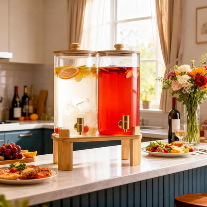 2 Gallon 2 Pack large Glass Drink dispenser for parties,Beverage Dispenser With Wood Stand,Water Dispensers with spigot,lemonade dispenser,juice containers & water pitcher with lid
