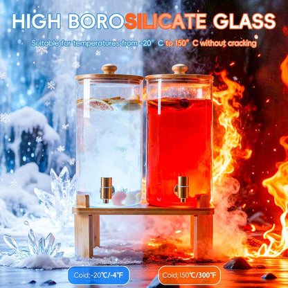 2 Gallon 2 Pack large Glass Drink dispenser for parties,Beverage Dispenser With Wood Stand,Water Dispensers with spigot,lemonade dispenser,juice containers & water pitcher with lid