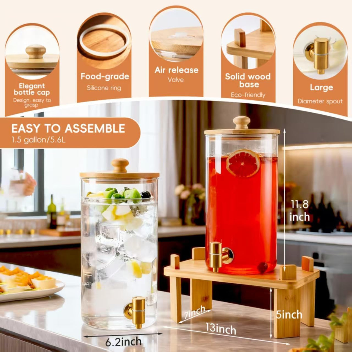 2 Gallon 2 Pack large Glass Drink dispenser for parties,Beverage Dispenser With Wood Stand,Water Dispensers with spigot,lemonade dispenser,juice containers & water pitcher with lid