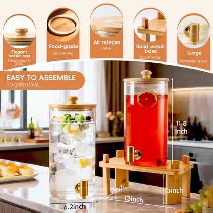 2 Gallon 2 Pack large Glass Drink dispenser for parties,Beverage Dispenser With Wood Stand,Water Dispensers with spigot,lemonade dispenser,juice containers & water pitcher with lid