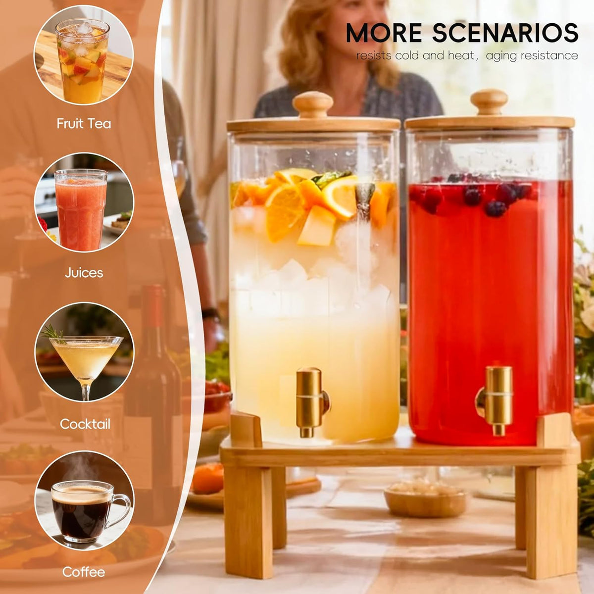 2 Gallon 2 Pack large Glass Drink dispenser for parties,Beverage Dispenser With Wood Stand,Water Dispensers with spigot,lemonade dispenser,juice containers & water pitcher with lid
