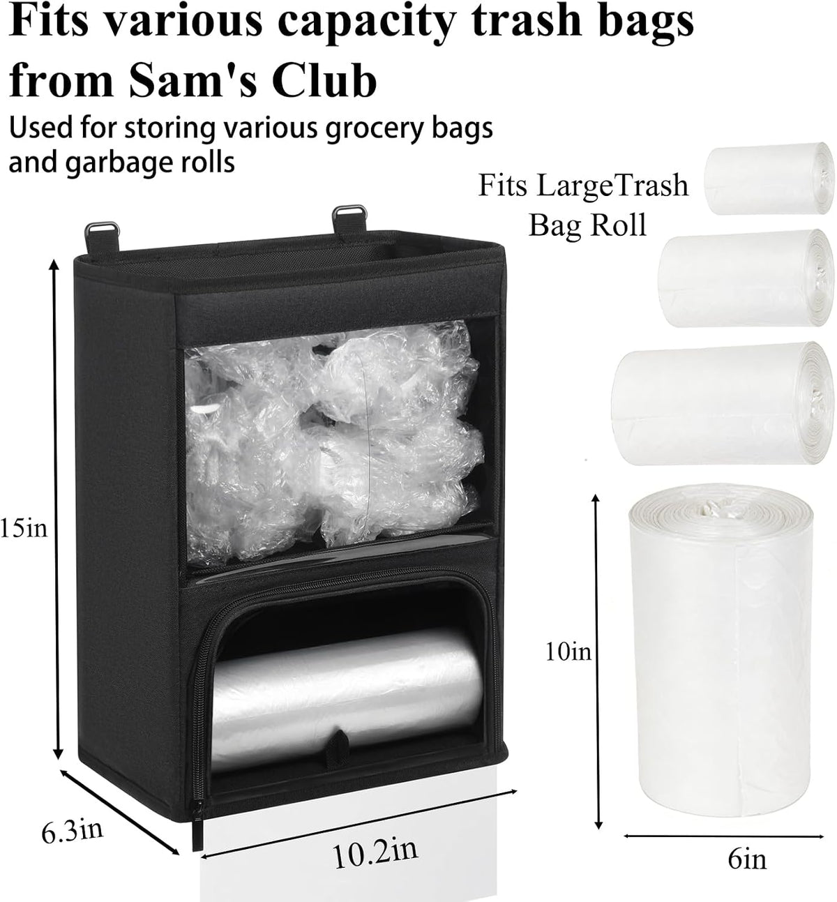 2-in-1 Plastic Bag Holder with Clear Window, Large Grocery Bag Holder and garbage bag dispenser with Easy-Access Openings, Trash bag organizer for Kitchen RV Cabinet Wall Mounted (Black）