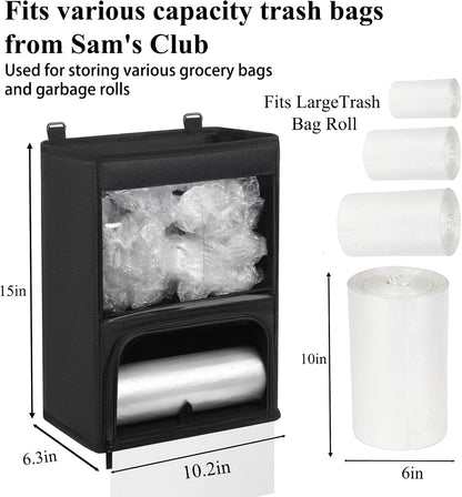 2-in-1 Plastic Bag Holder with Clear Window, Large Grocery Bag Holder and garbage bag dispenser with Easy-Access Openings, Trash bag organizer for Kitchen RV Cabinet Wall Mounted (Black）