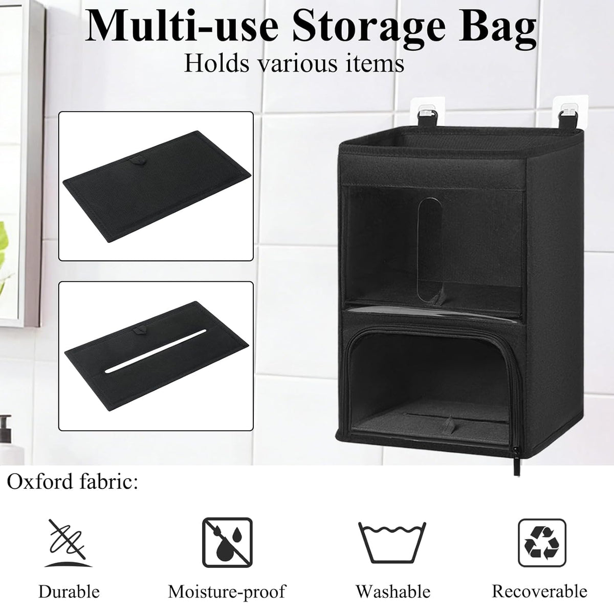 2-in-1 Plastic Bag Holder with Clear Window, Large Grocery Bag Holder and garbage bag dispenser with Easy-Access Openings, Trash bag organizer for Kitchen RV Cabinet Wall Mounted (Black）