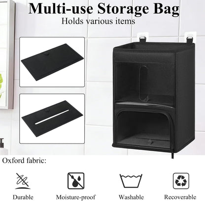 2-in-1 Plastic Bag Holder with Clear Window, Large Grocery Bag Holder and garbage bag dispenser with Easy-Access Openings, Trash bag organizer for Kitchen RV Cabinet Wall Mounted (Black）