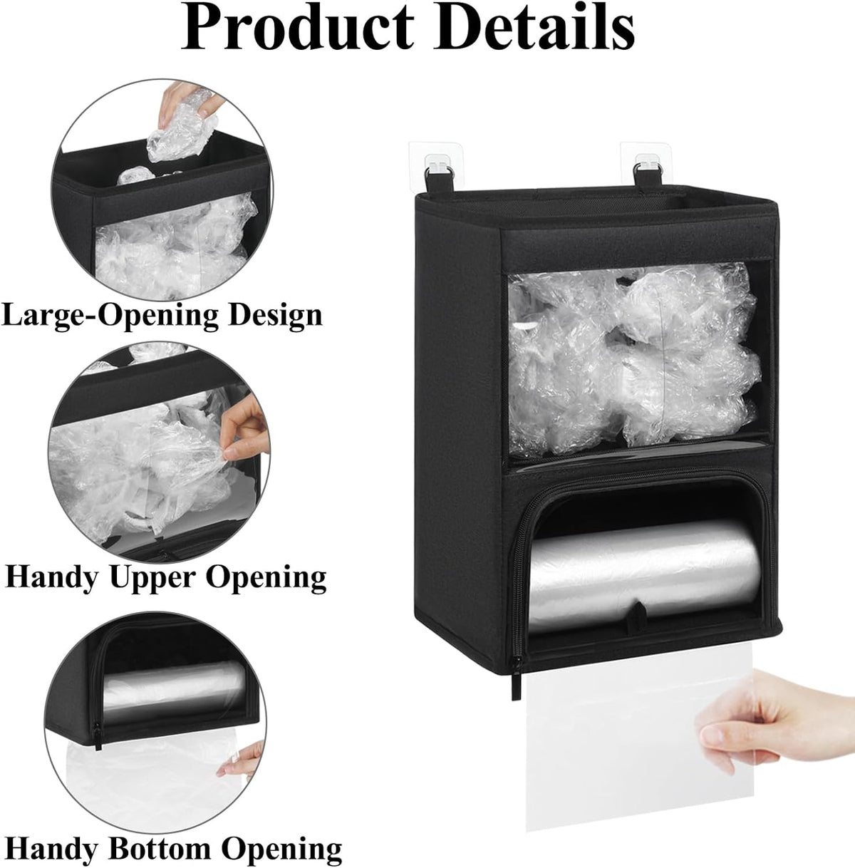 2-in-1 Plastic Bag Holder with Clear Window, Large Grocery Bag Holder and garbage bag dispenser with Easy-Access Openings, Trash bag organizer for Kitchen RV Cabinet Wall Mounted (Black）