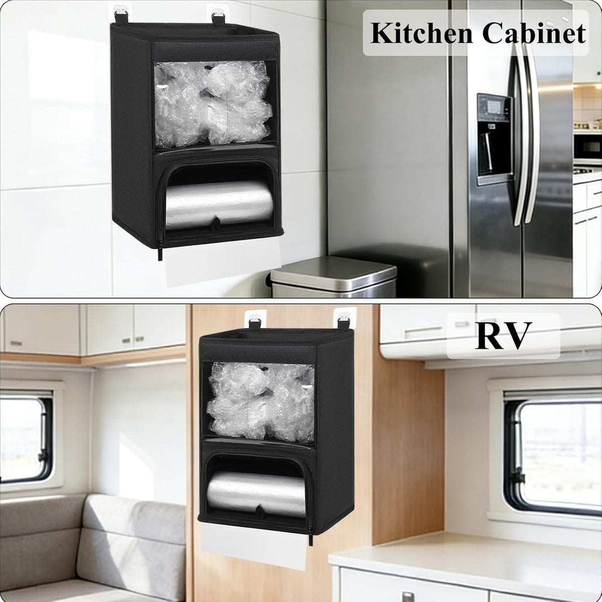 2-in-1 Plastic Bag Holder with Clear Window, Large Grocery Bag Holder and garbage bag dispenser with Easy-Access Openings, Trash bag organizer for Kitchen RV Cabinet Wall Mounted (Black）