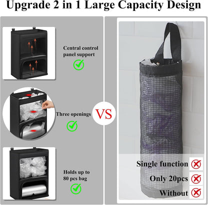 2-in-1 Plastic Bag Holder with Clear Window, Large Grocery Bag Holder and garbage bag dispenser with Easy-Access Openings, Trash bag organizer for Kitchen RV Cabinet Wall Mounted (Black）