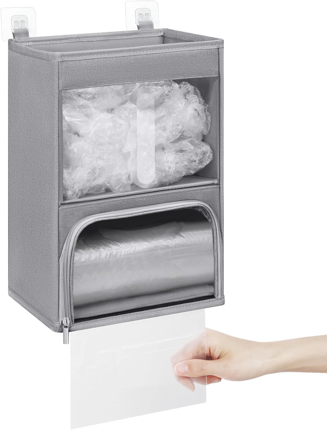 2-in-1 Plastic Bag Holder with Clear Window, Large Grocery Bag Holder and garbage bag dispenser with Easy-Access Openings, Trash bag organizer for Kitchen RV Cabinet Wall Mounted (Black）