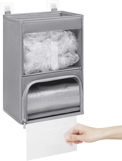 2-in-1 Plastic Bag Holder with Clear Window, Large Grocery Bag Holder and garbage bag dispenser with Easy-Access Openings, Trash bag organizer for Kitchen RV Cabinet Wall Mounted (Black）
