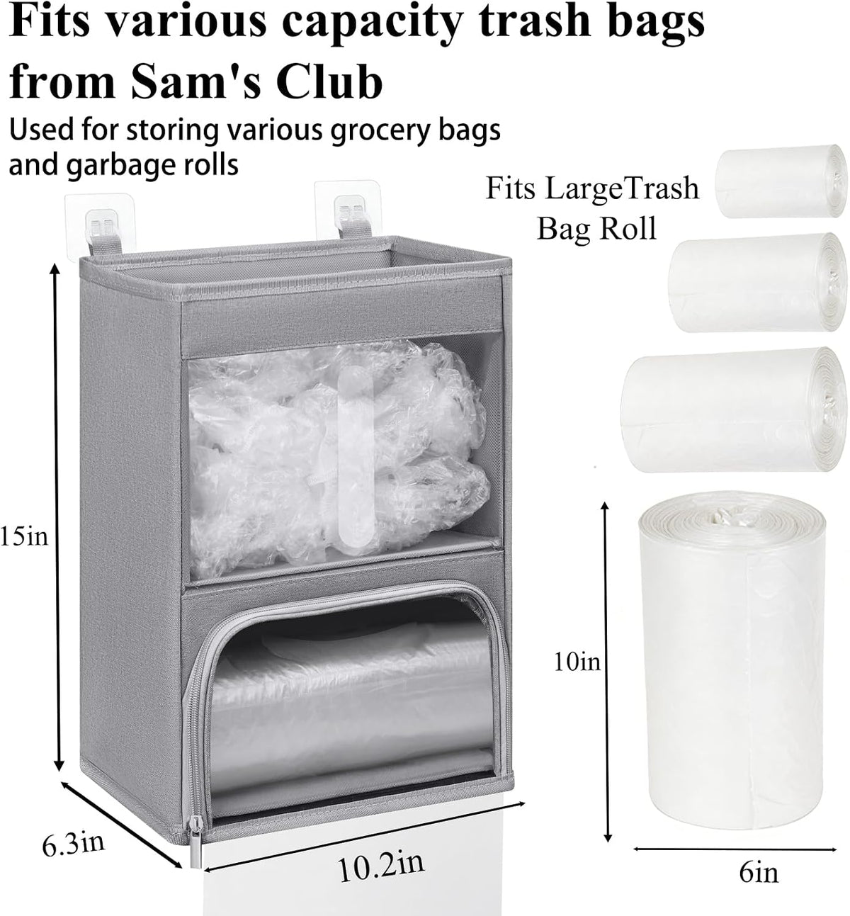 2-in-1 Plastic Bag Holder with Clear Window, Large Grocery Bag Holder and garbage bag dispenser with Easy-Access Openings, Trash bag organizer for Kitchen RV Cabinet Wall Mounted (Black）