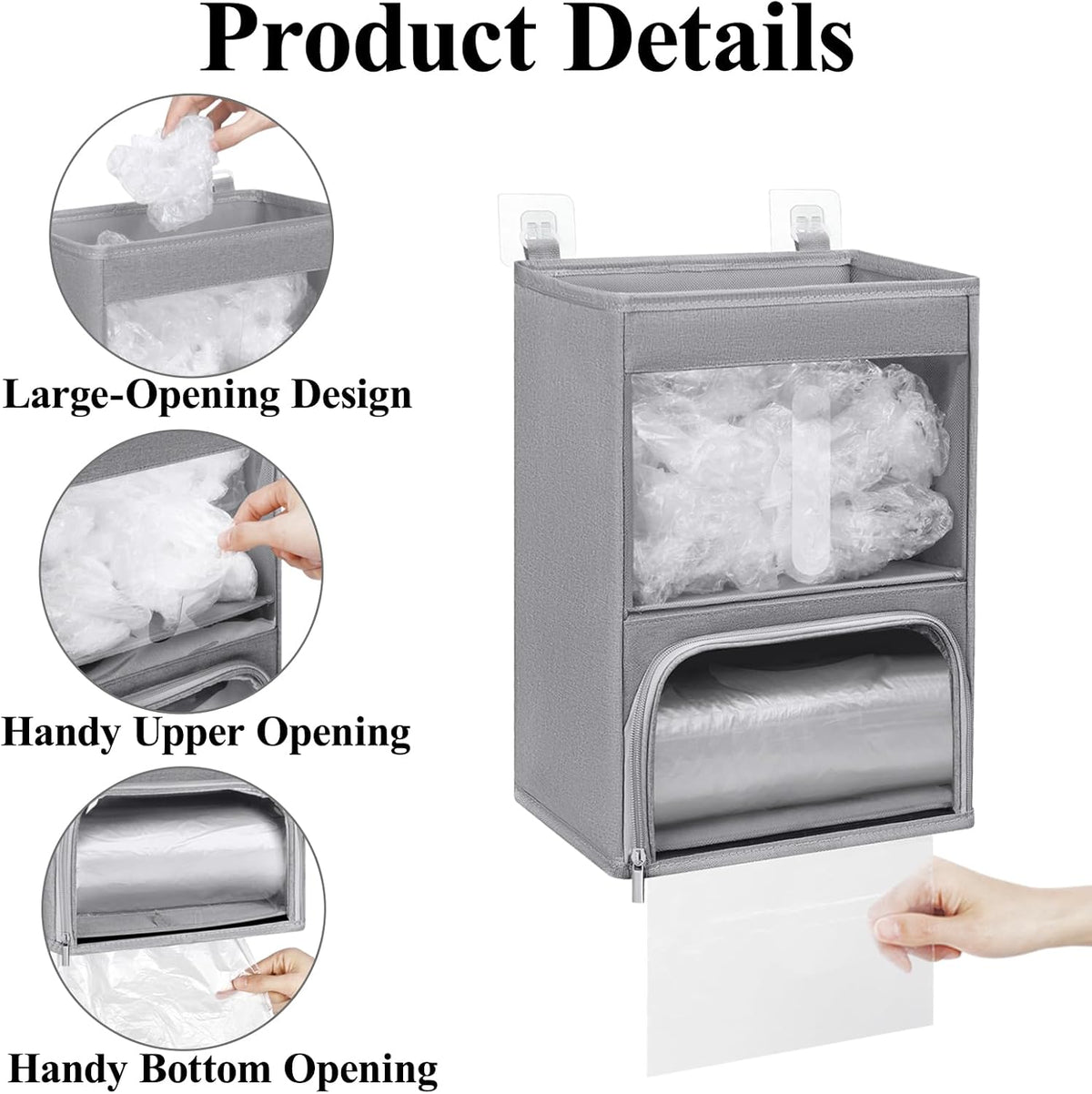 2-in-1 Plastic Bag Holder with Clear Window, Large Grocery Bag Holder and garbage bag dispenser with Easy-Access Openings, Trash bag organizer for Kitchen RV Cabinet Wall Mounted (Black）