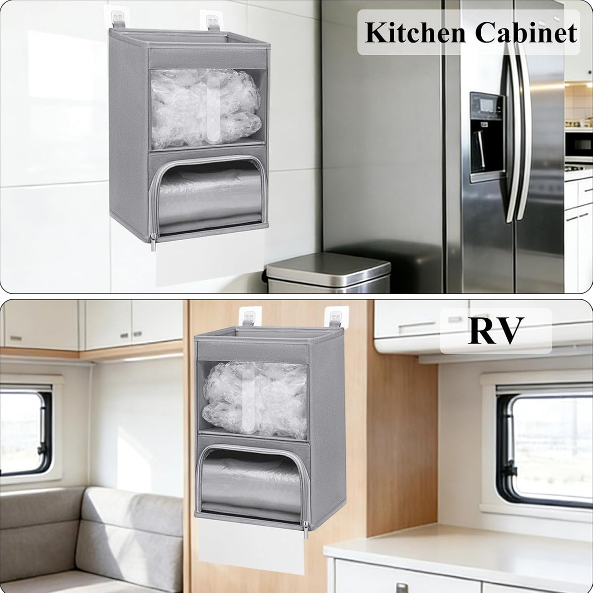 2-in-1 Plastic Bag Holder with Clear Window, Large Grocery Bag Holder and garbage bag dispenser with Easy-Access Openings, Trash bag organizer for Kitchen RV Cabinet Wall Mounted (Black）