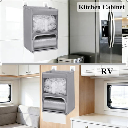 2-in-1 Plastic Bag Holder with Clear Window, Large Grocery Bag Holder and garbage bag dispenser with Easy-Access Openings, Trash bag organizer for Kitchen RV Cabinet Wall Mounted (Black）