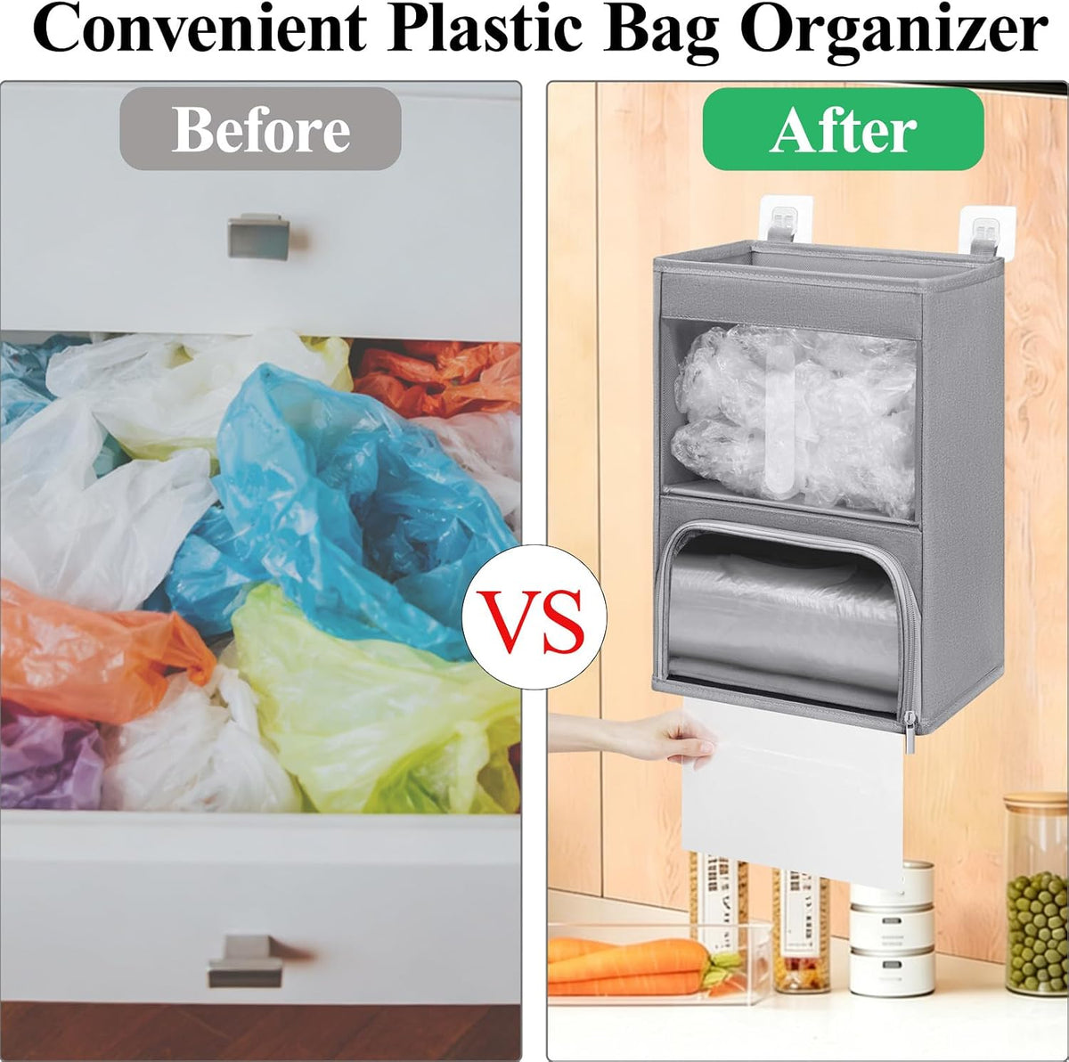 2-in-1 Plastic Bag Holder with Clear Window, Large Grocery Bag Holder and garbage bag dispenser with Easy-Access Openings, Trash bag organizer for Kitchen RV Cabinet Wall Mounted (Black）