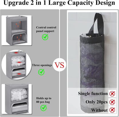 2-in-1 Plastic Bag Holder with Clear Window, Large Grocery Bag Holder and garbage bag dispenser with Easy-Access Openings, Trash bag organizer for Kitchen RV Cabinet Wall Mounted (Black）