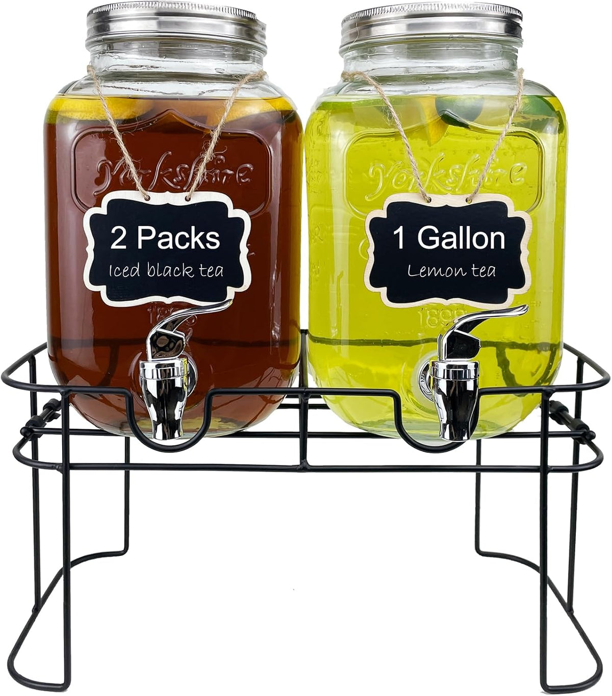 1 Gallon Glass Drink Dispenser for Parties, 2 Packs Juice Lemonade Ice Tea Water Dispenser with Stand, Beverage Dispensers with Spigot for BBQ, Picnic, Party