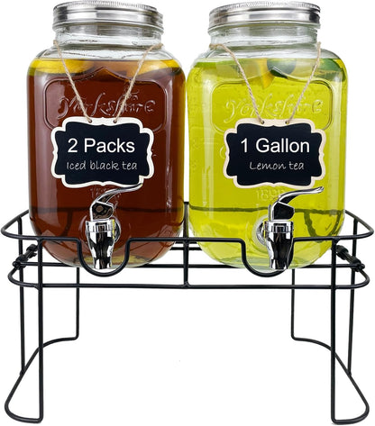 1 Gallon Glass Drink Dispenser for Parties, 2 Packs Juice Lemonade Ice Tea Water Dispenser with Stand, Beverage Dispensers with Spigot for BBQ, Picnic, Party