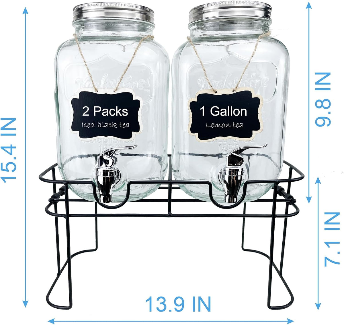 1 Gallon Glass Drink Dispenser for Parties, 2 Packs Juice Lemonade Ice Tea Water Dispenser with Stand, Beverage Dispensers with Spigot for BBQ, Picnic, Party