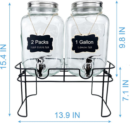 1 Gallon Glass Drink Dispenser for Parties, 2 Packs Juice Lemonade Ice Tea Water Dispenser with Stand, Beverage Dispensers with Spigot for BBQ, Picnic, Party