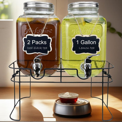 1 Gallon Glass Drink Dispenser for Parties, 2 Packs Juice Lemonade Ice Tea Water Dispenser with Stand, Beverage Dispensers with Spigot for BBQ, Picnic, Party