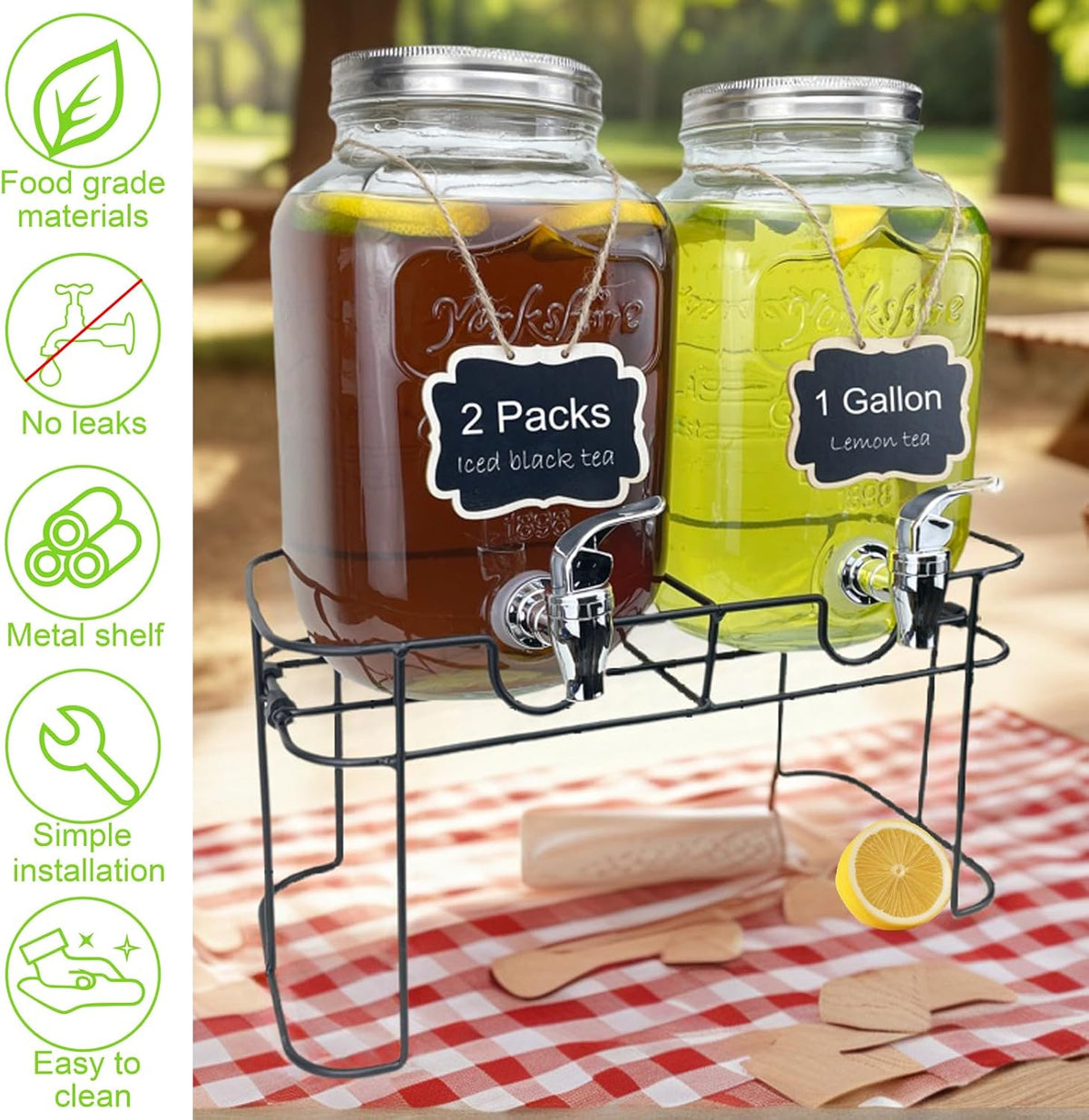 1 Gallon Glass Drink Dispenser for Parties, 2 Packs Juice Lemonade Ice Tea Water Dispenser with Stand, Beverage Dispensers with Spigot for BBQ, Picnic, Party