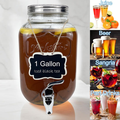 1 Gallon Glass Drink Dispenser for Parties, 2 Packs Juice Lemonade Ice Tea Water Dispenser with Stand, Beverage Dispensers with Spigot for BBQ, Picnic, Party