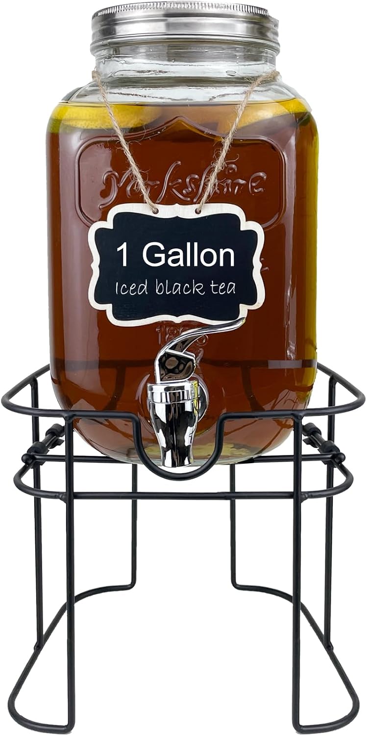 1 Gallon Glass Drink Dispenser for Parties, 2 Packs Juice Lemonade Ice Tea Water Dispenser with Stand, Beverage Dispensers with Spigot for BBQ, Picnic, Party