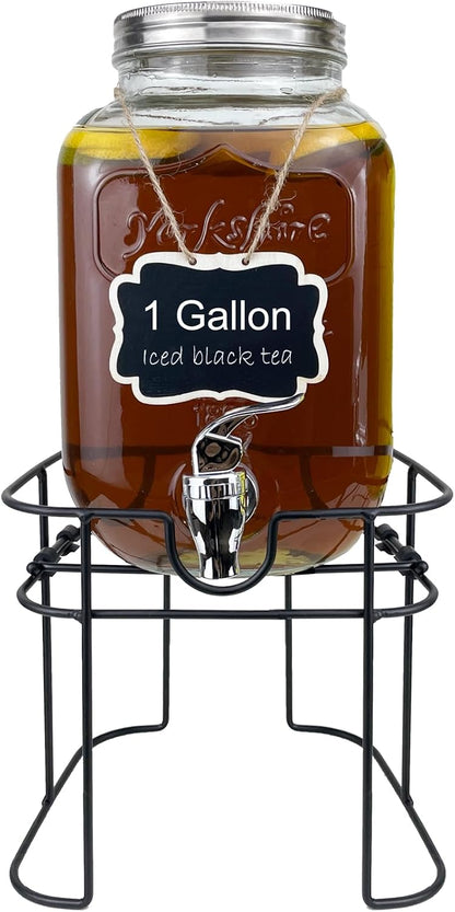1 Gallon Glass Drink Dispenser for Parties, 2 Packs Juice Lemonade Ice Tea Water Dispenser with Stand, Beverage Dispensers with Spigot for BBQ, Picnic, Party