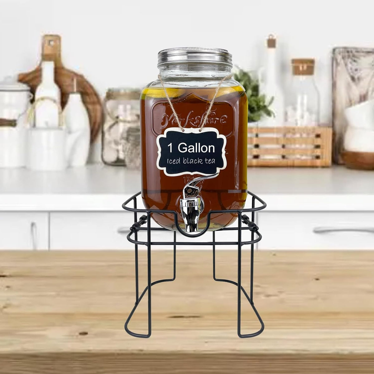 1 Gallon Glass Drink Dispenser for Parties, 2 Packs Juice Lemonade Ice Tea Water Dispenser with Stand, Beverage Dispensers with Spigot for BBQ, Picnic, Party