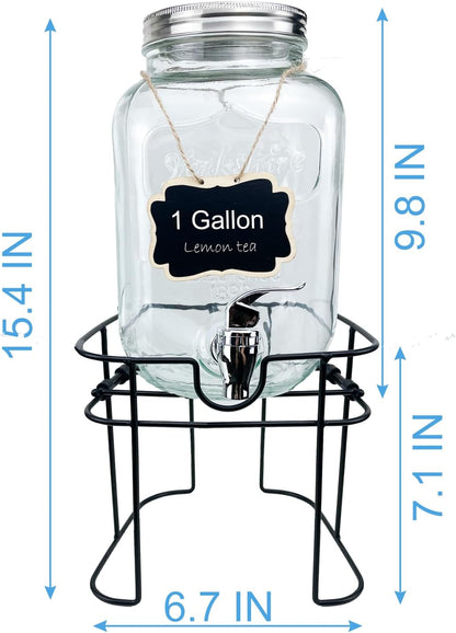 1 Gallon Glass Drink Dispenser for Parties, 2 Packs Juice Lemonade Ice Tea Water Dispenser with Stand, Beverage Dispensers with Spigot for BBQ, Picnic, Party