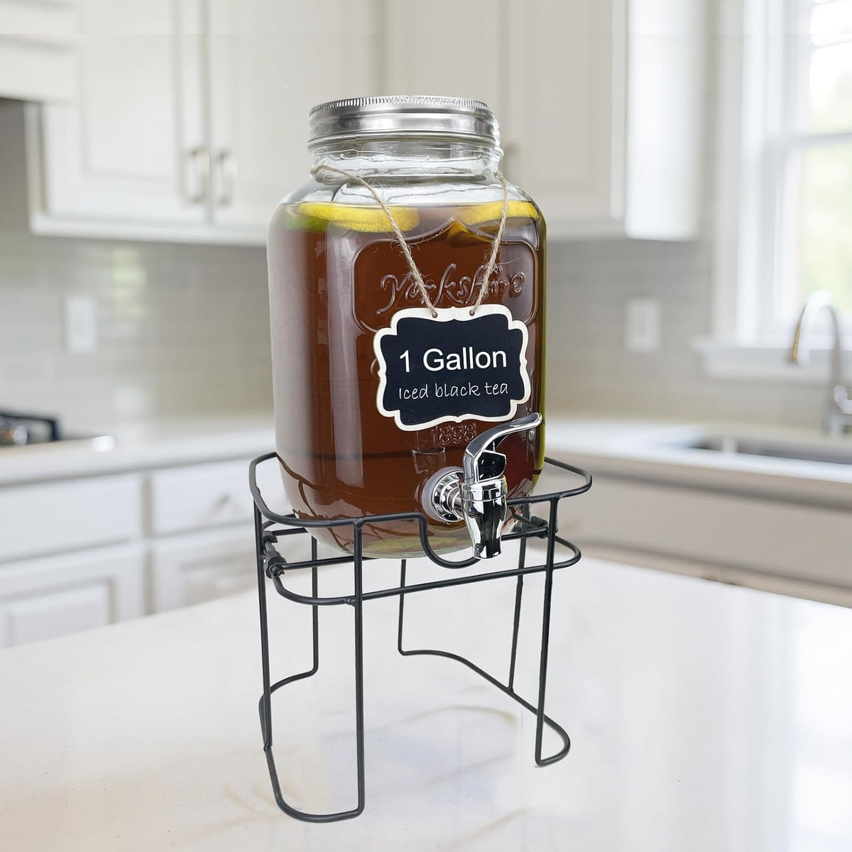 1 Gallon Glass Drink Dispenser for Parties, 2 Packs Juice Lemonade Ice Tea Water Dispenser with Stand, Beverage Dispensers with Spigot for BBQ, Picnic, Party