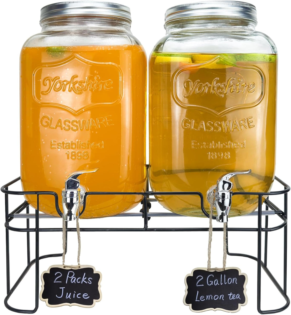 1 Gallon Glass Drink Dispenser for Parties, 2 Packs Juice Lemonade Ice Tea Water Dispenser with Stand, Beverage Dispensers with Spigot for BBQ, Picnic, Party