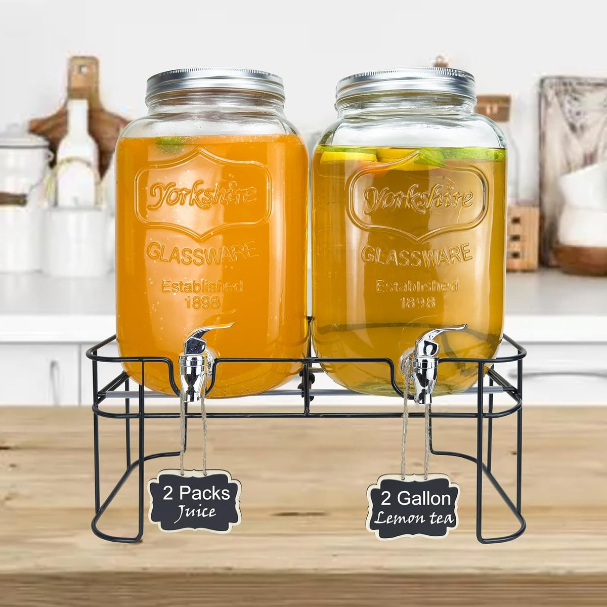 1 Gallon Glass Drink Dispenser for Parties, 2 Packs Juice Lemonade Ice Tea Water Dispenser with Stand, Beverage Dispensers with Spigot for BBQ, Picnic, Party
